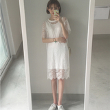 韩国chic小众甜美钩花镂空蕾丝衫中长款连衣裙+打底背心T恤两件套