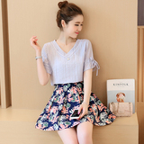 2016夏季新款韩版气质小香风甜美雪纺衫印花短裙两件套时尚套装女