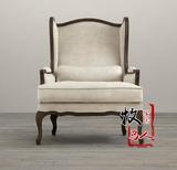 美式复古实木老虎椅单人沙发椅 欧式法式做旧亚麻休闲椅扶手椅