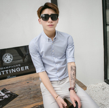 韩版夏季休闲短袖免烫男士条纹半袖衬衫男修身五分袖衬衣青年潮流