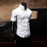 夏装潮男装高领法式立领白色英伦黑色小码S修身短袖衬衫半袖衬衣
