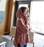 韩版秋冬学院风蝙蝠袖套头螺纹系带连帽宽松毛衣针织衫女短款外套