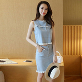 2016夏时尚流苏韩版套装牛仔连衣裙女学生修身无袖包臀短裙两件套