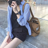 夏季新款韩版学院风宽松复古长袖防晒蓝色格子衬衫女休闲棉麻衬衣