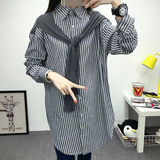 2016秋装新款韩版条纹拼接披肩假两件中长款衬衫女装学生长袖上衣