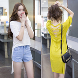 2016夏季新款韩版时尚纯色开叉不规则短袖薄款针织衫女套头上衣潮