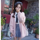 2016春季新款女装 韩版超粉嫩中长款宽松百搭毛衣针织开衫外套女