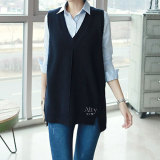 16春季韩版新款纯色V领马甲夹无袖套头针织背心宽松大码套头女装