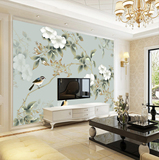 简约现代中式客厅电视背景墙壁纸卧室素色玉兰花鸟无纺布墙纸壁画