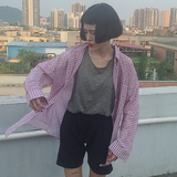 夏季韩国ulzzang原宿风薄款防晒衣蝙蝠袖宽松格子长袖衬衫女学生