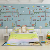 欧式卡通儿童房墙纸壁画幼儿园游乐园客厅儿童卧室壁纸汽车轨道