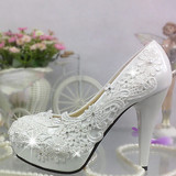 白色蕾丝珍珠水钻婚鞋秋冬定制超高跟防水台水晶花朵新娘拍照女鞋