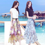 大码韩版显瘦中长款两件套连衣裙女夏2016新款 雪纺长裙套装裙子