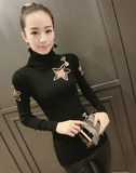 女装秋冬新款2016韩版修身长袖高领钉珠五角星时尚性感羊毛打底衫