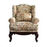 欧式美式新古典高靠背老虎椅 实木雕花布艺休闲单人沙发可定制