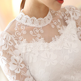 蕾丝衫女2016春季新款韩版女装长袖修身显瘦花边立领上衣打底小衫