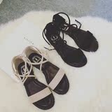 2016夏季韩版黑色平底鞋一字带露趾交叉绑带搭扣舒适平跟凉鞋女鞋
