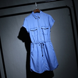 2016夏季新款韩版修身显瘦松紧腰短袖大码中长款天丝牛仔裙连衣裙