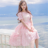 夏季甜美短袖高腰修身公主蓬蓬连衣裙 泰国网纱刺绣度假显瘦中裙
