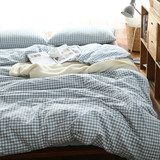 日式简约全棉纯色水洗棉四件套纯棉格子素色被套床笠床单床上用品