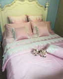 韩式纯粉色公主蕾丝花边水洗真丝被套纯棉床单四件套全棉4件床上