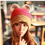 韩国可爱毛线帽 冬季兔耳朵编织辫子护耳帽 撞色针织保暖帽子
