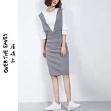 2016新款秋季韩版修身显瘦大V领女版背带连衣裙中长款包臀针织裙