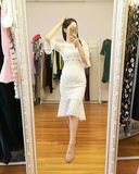 2016年新款蕾丝连衣裙夏季韩版中长款鱼尾裙喇叭中袖修身包臀精致