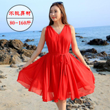 2016新款夏季v领中长款显瘦无袖连衣裙大码红色海边沙滩度假裙仙