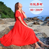 波西米亚沙滩裙长裙大码V领显瘦海边度假裙红色雪纺连衣裙2016夏