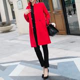 韩国秋冬新款时尚简约百搭显瘦红色纯色羊毛呢子女中长款大衣外套