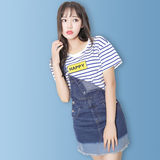 明星同款2016韩版夏女装t恤海军蓝条纹短袖上衣圆领打底衫显瘦棉