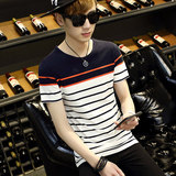 夏季新款流行条纹男士短袖T恤青年韩版纯棉半袖打底衫时尚男装潮
