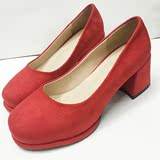 【天天特价】瓢鞋高跟鞋绒面红色方头粗跟单鞋女中跟百搭浅口婚鞋