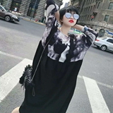 2016春夏韩版街拍印花拼接假两件背带裙中长款宽松长袖套头连衣裙