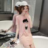 夏季女装韩版宽松大码纯棉粉色t恤裙韩国百搭中长款短袖体恤上衣