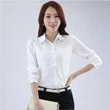 秋季韩版蕾丝衬衫女长袖显瘦OL职业白色雪纺衫百搭加绒保暖打底衫