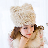 猫耳朵兔毛帽子女士冬天韩版潮可爱套头帽毛线保暖护耳包头677888