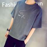 夏季韩版圆领纯色字母短袖T恤男生青少年宽松体恤男日系潮流简约