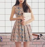2016韩国春夏装新款 复古风印花收腰修身大花朵背心连衣裙打底裙