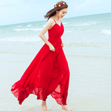 2016新款女装大红色雪纺连衣裙波西米亚长裙海边渡假沙滩裙荷叶边