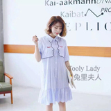 女装夏装2016新款POLO领短袖蓝白条纹衬衫刺绣连衣裙荷叶边衬衣裙