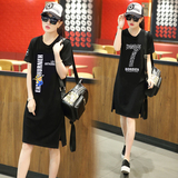 韩版宽松打底衫黑色长t恤裙显瘦中长款短袖t恤女夏开叉25-29周岁
