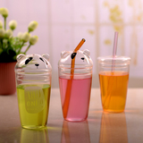 创意透明耐热玻璃吸管杯成人 儿童学生卡通水杯牛奶果汁饮料杯子
