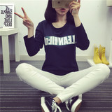 2015秋季韩版宽松学生长袖t恤小衫女装上衣秋衣女外穿加绒打底衫