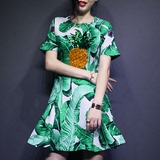 夏季新品女装 dg走秀款 重工菠萝亮片钉珠印花短袖高腰大牌连衣裙