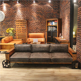 美式乡村复古铁艺实木沙发椅卡座软皮工业风格实木沙发长椅客厅凳