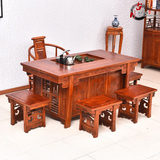 仿古中式南榆木茶桌椅组合山水将军台功夫茶桌雕花茶桌
