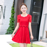 2016夏季新款女装韩版修身镂空短袖假两件蕾丝连衣裙气质纯色短裙