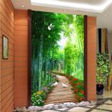 3D立体壁画清新竹林木板小路壁纸客厅走廊过道竖版玄关背景墙纸